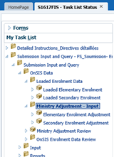 Selected Ministry Adjustment - Input tab in task list under OnSIS data